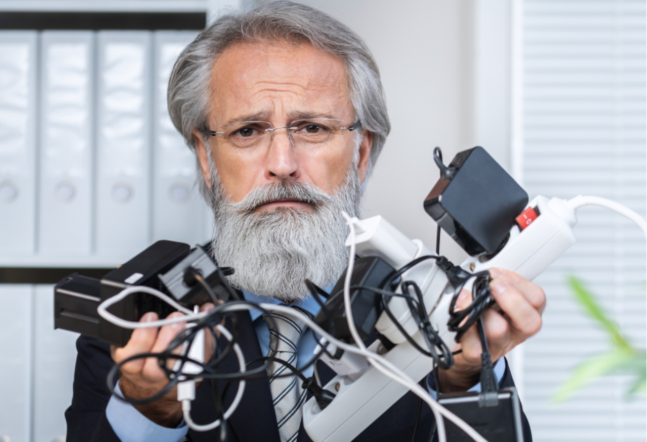 A serious businessman with gray hair and a beard holds a tangled collection of electronic devices, chargers, and cables, highlighting the frustration and complexity of managing technology and equipment.